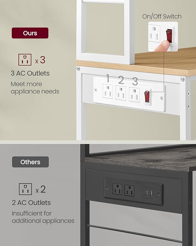 VASAGLE Bakers Rack with Power Outlet, 23.6 Inches Coffee Bar for Kitchen with Storage, 6-Tier Kitchen Shelves with 6 Hooks, Microwave Stand, Industrial, Golden Oak and Cloud White UKKS124Y03