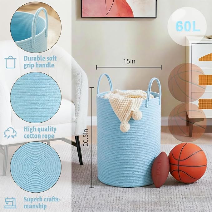 Laundry Basket, Woven Cotton Rope Laundry Hamper, 60L - Image 6