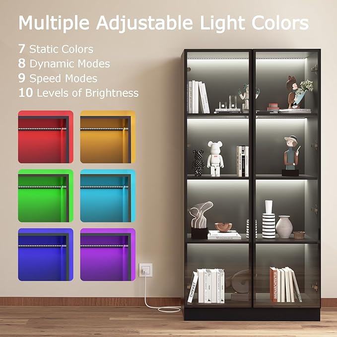 Glass Display Cabinet with LED Lights, Display Case Bookcase with 4-Tier Shelves, Curio Cabinet with 2 Glass Doors, Storage Cabinet for Collectibles, Living Room