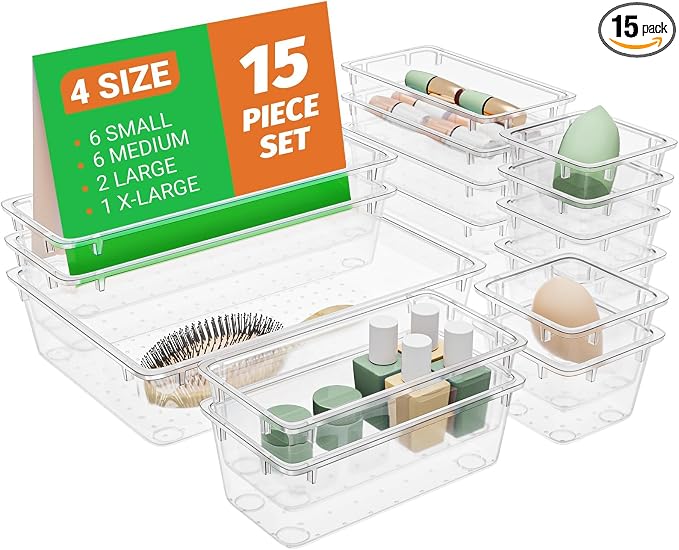 SpaceHacks 15 PCS Plastic Drawer Organizer Set, Drawer Storage Trays | 4-Size by SpaceHacks
