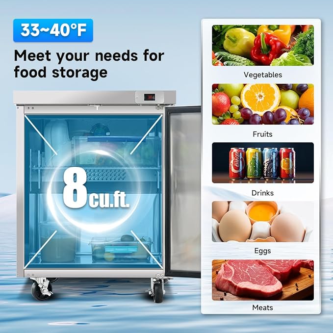DeepTide 29" W Commercial Undercounter Worktop Refrigerator, 8 Cu.ft Commercial Refrigerator with 1 Door, 33-40°F, Stainless Steel, ETL&DOE, for Restaurants, Stores, kitchen
