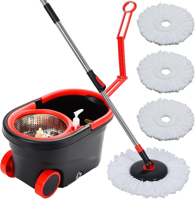 Spin Mop and Bucket with Wringer Set on Wheels, 3 Mop Heads by CooFel