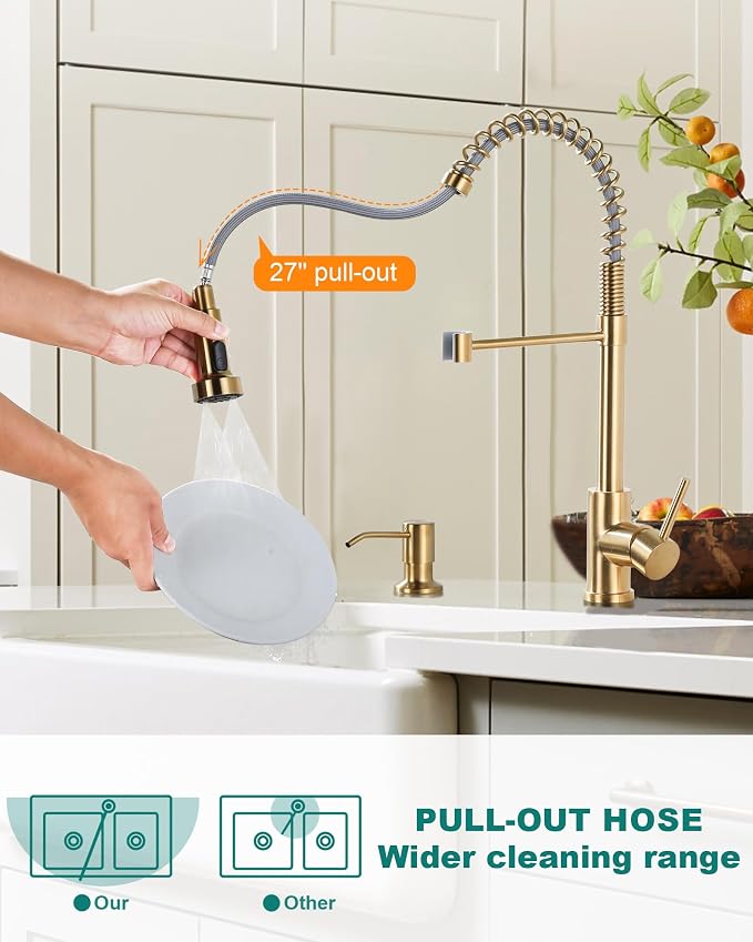 Kitchen Sink Faucet with Soap Dispenser: Brushed Gold Kitchen Faucets with Pull - Image 4