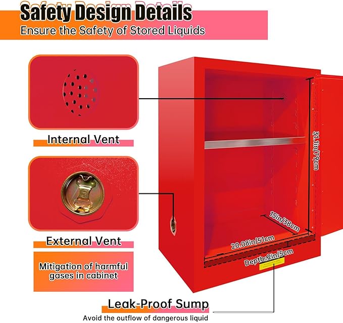 40 Gallon Flammable Cabinet, 23" x 18" x 36" Red All-Welded Steel Chemical Safety Cabinet with Adjustable Shelf, Manual Close & 3-Point Locking for Manufacturing Workshops, Lab & Auto Repair Shops