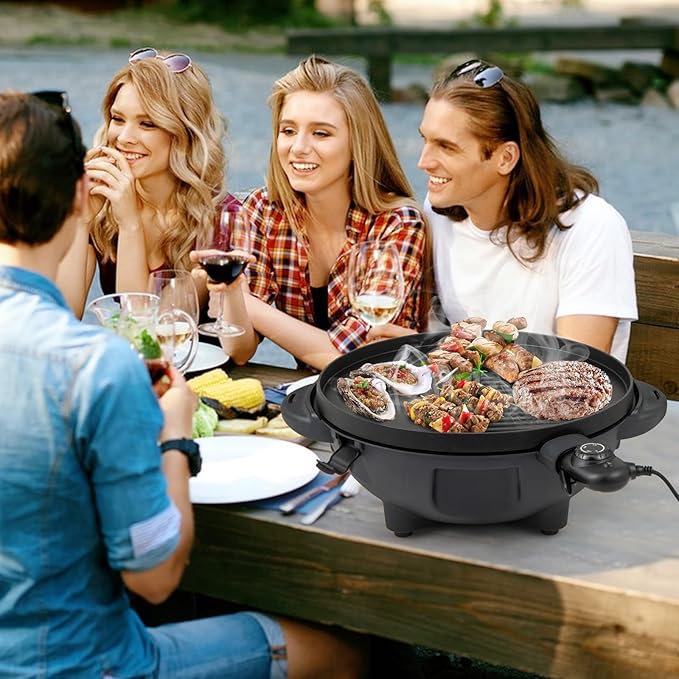 Giantex Electric Grill Outdoor, 1200W Electric BBQ Grills Outdoor Cooking with Lid & Thermometer, Nonstick Griddle, Drip Tray, 2-in-1 Freestanding & Tabletop Grill for Apartments Backyard Party