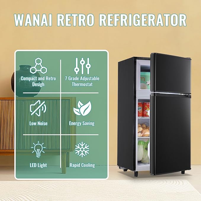 WANAI 3.5 Cu.Ft Mini Fridge with Freezer, Compact Refrigerator for Office, Dorm, Apartment, 7-Level Adjustable Thermostat, 2 Removable Shelves and Bakset, Small Fridge in Black