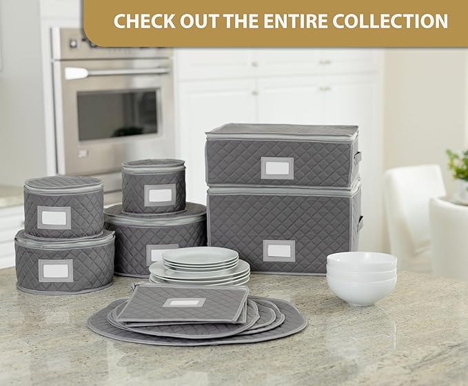 Stack Store Plus More China Storage Case - Dinner Plate Quilted Case - 12 inches diameter x 7 inches height - Gray - Includes 12 Felt Separators