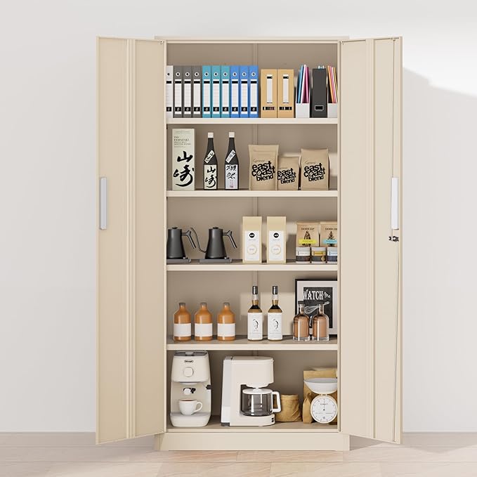 Greenvelly Metal Garage Storage Cabinet with 2 Doors and 4 Adjustable Shelves, 72”H Steel Lockable Storage Cabinet,Tall Metal Cabinet Locking File Cabinet for Office,Home, Garage, Gym, School