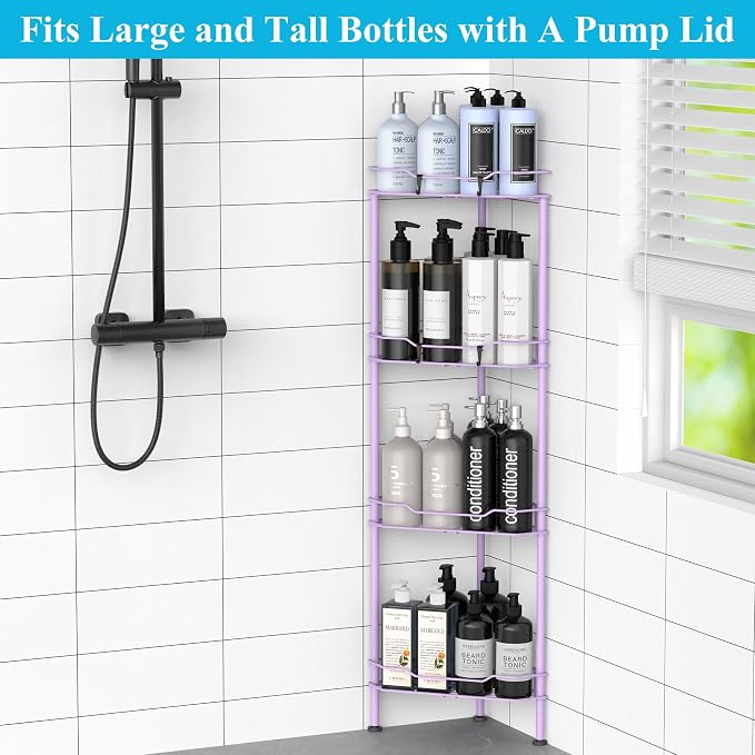 HuggieGems Metal Floor Standing Corner Shower Caddy, Light Purple, 4 Tier - Image 4