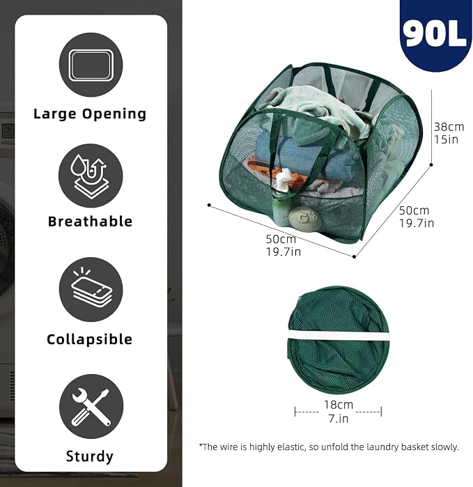 Collapsible Laundry Basket 90L, Foldable Mesh Pop-up Laundry Hamper - Image 2