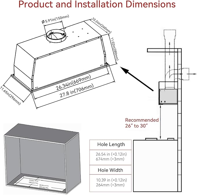700CFM Built-In/Insert Range Hood 30 Inch - Convertible Ducted/Ductless Kitchen Vent with 3-Speed, 2×3W LED Lights & 6-Layer Grease Filters