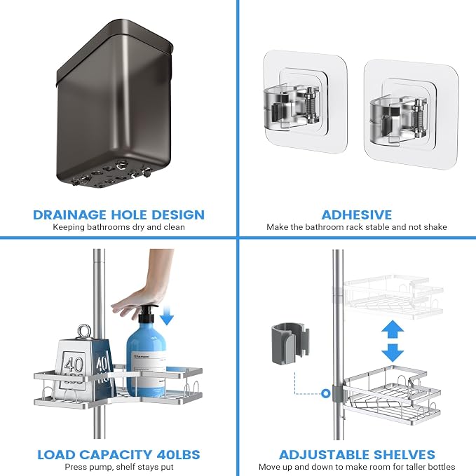 Adjustable Shower Caddy Tension Pole: Rustproof Corner Bathroom Shelves - Image 5