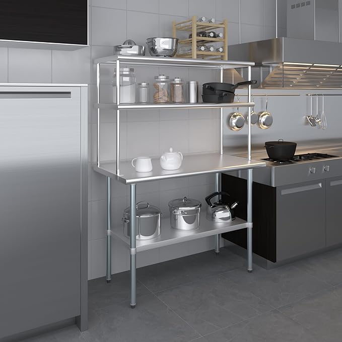 Amgood Stainless Steel Work Table Double Tier Overshelf | Metal Kitchen Prep Table & Shelving Combo | NSF (24" x 48" Work Table + 18" Overshelf)