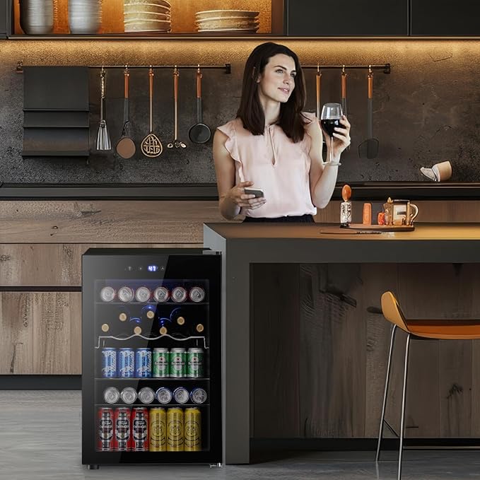 4.4 Cu.ft Beverage Refrigerator Cooler, 145 Can Mini Fridge Glass Door with Adjustable Shelves, Digital Temperature Display, Freestanding Small Drink Fridge for Home, Office or Bar(Black)