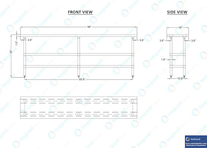 AmGood Stainless Steel Work Table with 2 Shelves | NSF | Metal Utility Table (96" Long x 18" Deep)