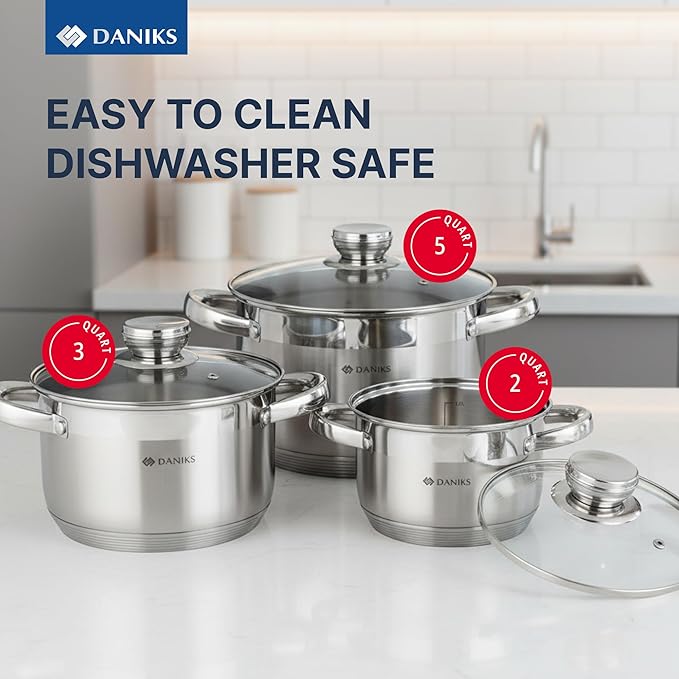 Daniks Standard 6-Piece Stainless Steel Cookware set with Glass Lid, Try-Ply Bases for Even Heating, Induction Compatible, Dishwasher Safe, Built-In Measuring Scale, Silver