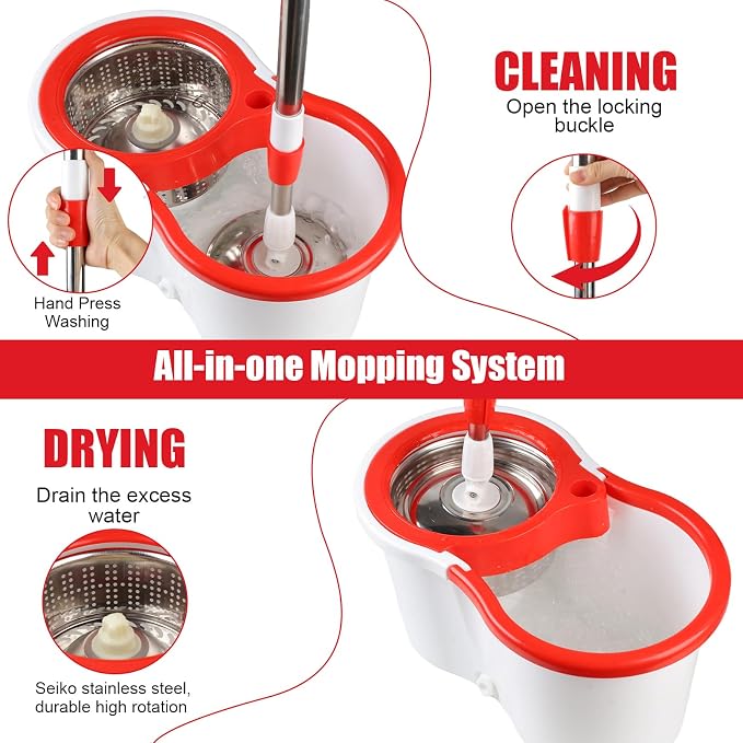 Spin Mop and Bucket with Wringer Set, 6 Microfiber Mop Heads - Image 4
