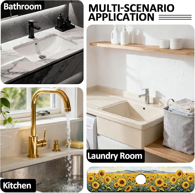 2 Pcs Kitchen Sink Splash Guard Faucet Mat Oil Painting of Sunflowers Pattern - Image 7