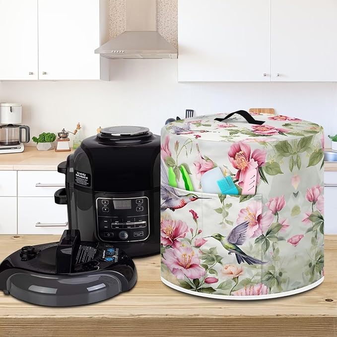 Hummingbird Flower Pressure Cooker Cover 3 Quart Dust Cover for Air Fryer Pressure Cooker Cover with Top Handle and Accessories Pockets Small Kitchen Appliance Cover Kitchen Decorations