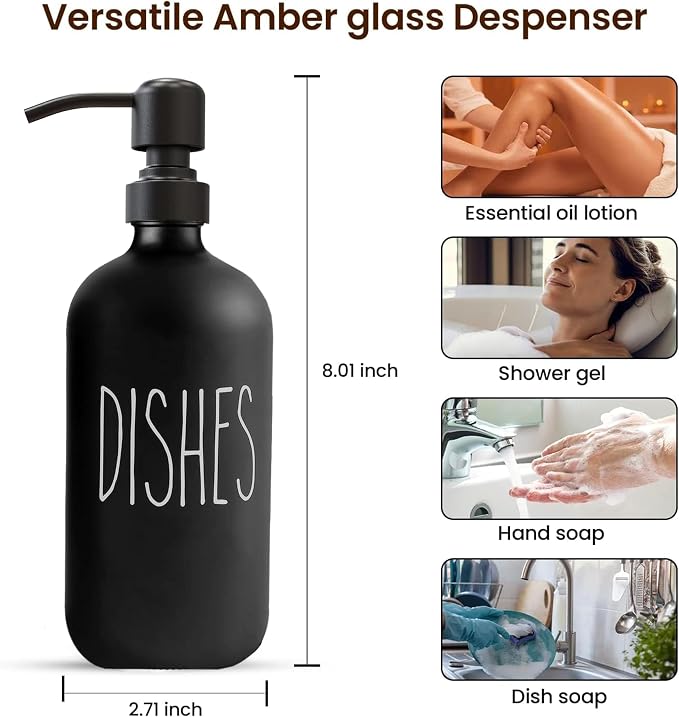 Sunrise Premium Black Glass Soap Dispenser, Matte Black Pump, 16 oz | Black - Image 3