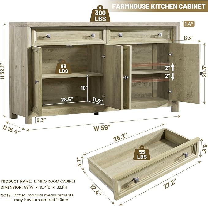 Farmhouse Buffet Cabinet with Storage, 59" Large Sideboard Credenza with Adjustable Shelves & 4 Doors, Wood Rustic Kitchen Coffee Bar Console for Table Living Room, Natural