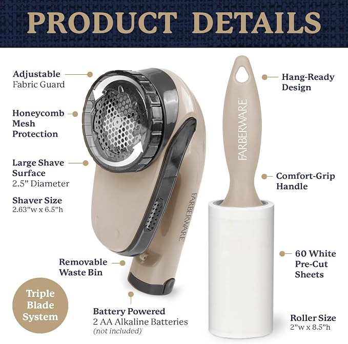 Farberware Fabric Shaver & Lint Roller Set, Portable | Sticky sheets lift pet - Image 6