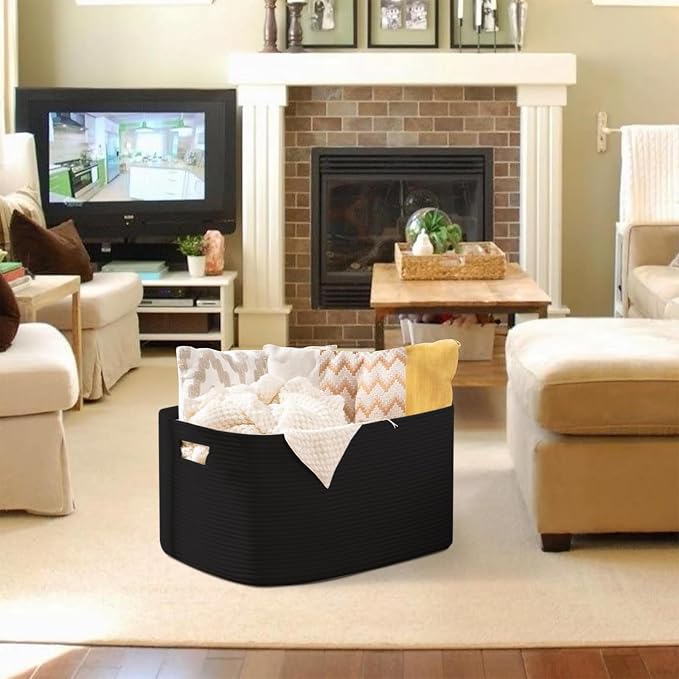 OIAHOMY 96L XXXLarge Blanket Basket Woven Cotton Rope Storage Basket Black - Image 2