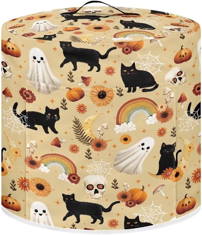 Halloween Theme Kitchen Appliance Protector Cover Bag 6 Quart Pressure Cooker/Air Fryer/Rice Cooker Dust Cover with Top Handle and Storage Pocket Black Cat Ghost Print