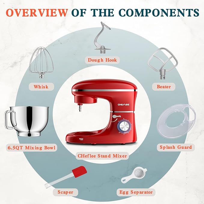 CHeflee Stand Mixer,660W 6+P With 6.5QT Stainless Steel Bowl,Dough Hook, Wire Whip & Beater,for Most Home Cooks (Blue)
