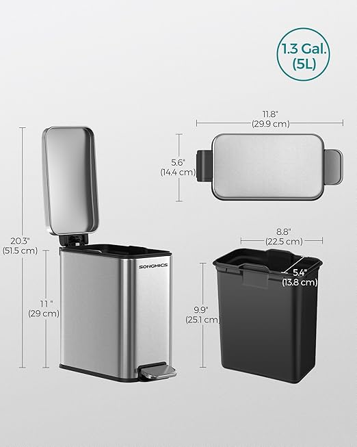 SONGMICS Bathroom Trash Can, 1.3 Gallon (5 L) Small Trash Bin with Lid, Slim for Small Spaces, Stainless Steel Garbage Can, Soft Close, Silver ULTB560E05
