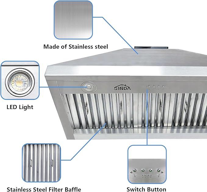 SINDA 48 inch Built-in/Insert Range Hood 1150 CFM, Stainless Steel Under Cabinet Range Hood Kitchen Vent Hood with Liner and SINDA Internal Motor, 4-Speed Fan, Adjustable Lights, Baffle Filter