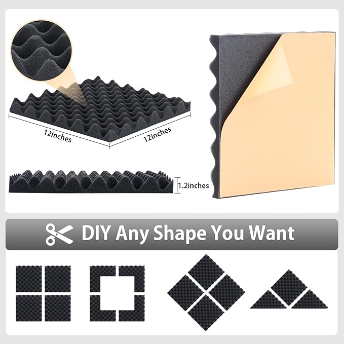 24 Pack Self-Adhesive 12" X 12" X 1.2" Egg Crate Soundproof Wall Panels for Studio, Room Acoustic Treatment Foam, Sound Absorbing Foam Black