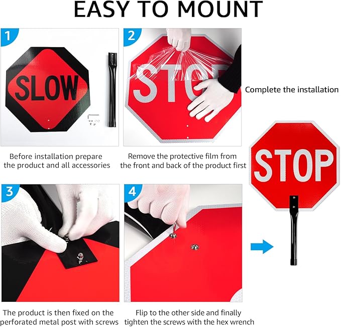 GicnKeuz Stop Slow Sign with Metal Handle, 18x18 inches Double Sided Slow/Stop sign, Traffic Reflective Aluminum Sign, Fade Resistant/Waterproof, Easy to Mount (1 Pack)