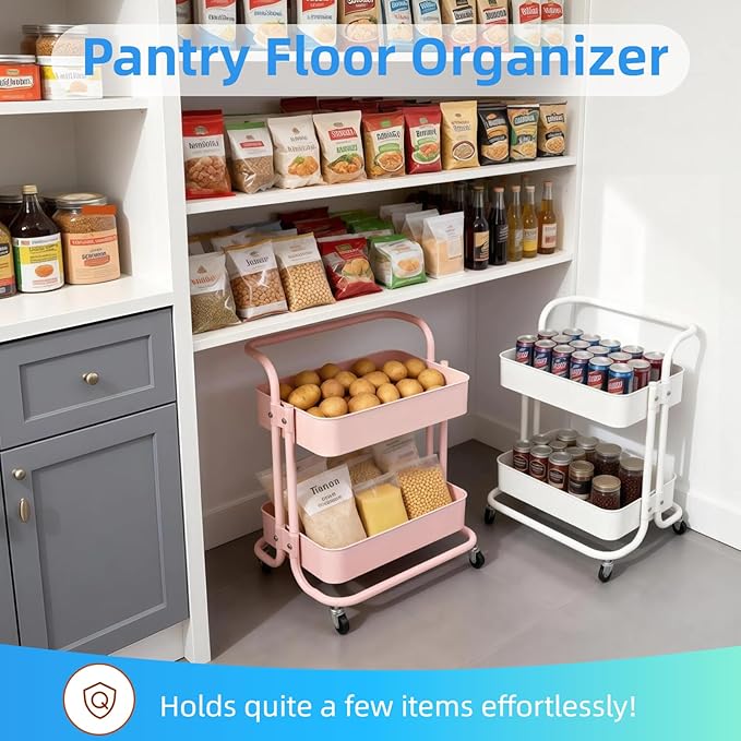 2 Tier Cart with Wheels Under Desk Storage with Handle, Metal Rolling Pantry Cart for Kitchen White Small Rolling Basket for Laundry Room Bathroom, Utility Shelf Organizer for Small Space