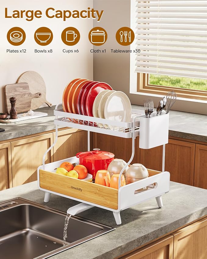 Urackify 2-Tier Stainless Steel&Bamboo Dish Rack - Image 2