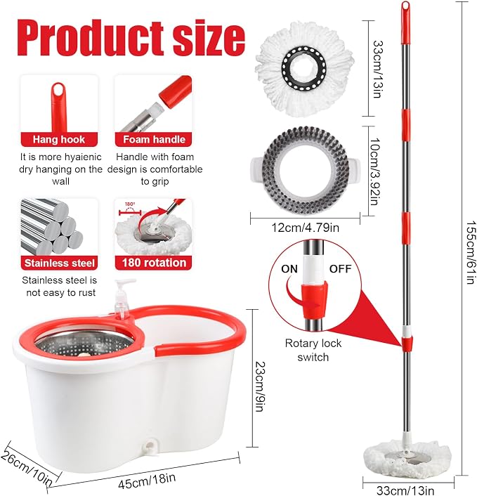 Spin Mop and Bucket with Wringer Set, 6 Microfiber Mop Heads - Image 2