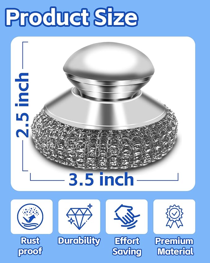 Stainless Steel Wool Scrubber with Handle, Steel Scrubber Wool Pads, Scrubbing Scouring Brush Pads for Cleaning Dishes, Stoves, Kitchen Pots, Pans