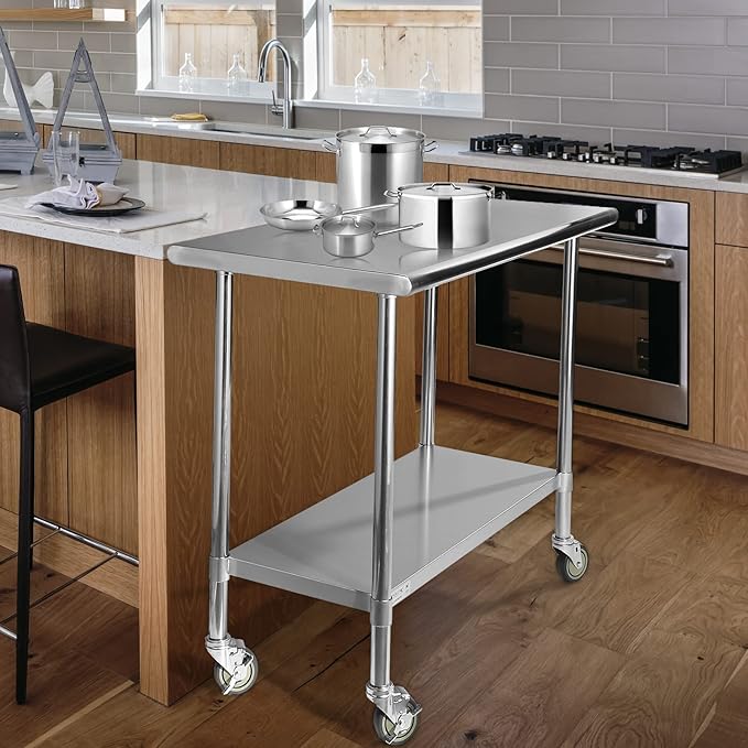STABLEINK Stainless Steel Table with Wheels 24 x 48 Inches 4ft, NSF Commercial Prep & Workbench with Adjustable Undershelf, for Commercial Kitchen, Restaurant, Laundry, Hotel and Garage