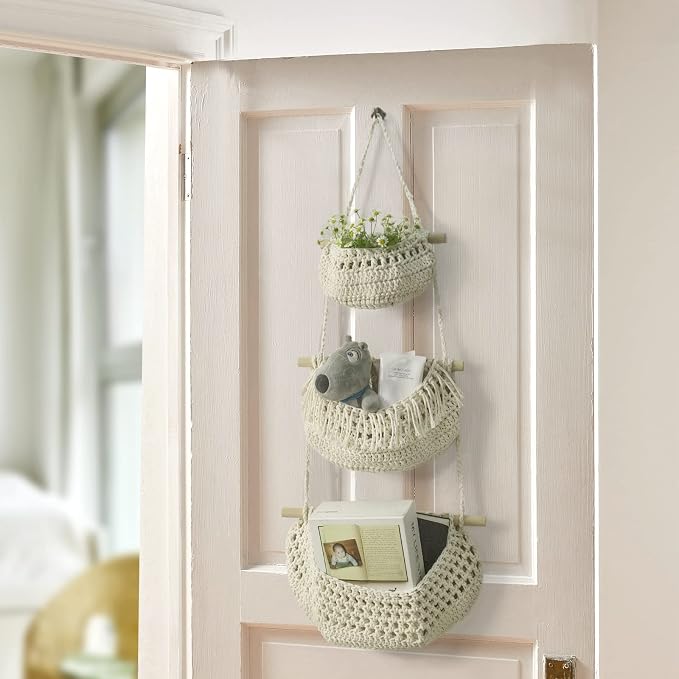 3 Tier Hanging Fruit Baskets for Kitchen, Handmade Cotton Organizer - Image 2