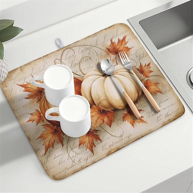 Fall Pumpkin Dish Drying Mat 18”x24”Vintage Autumn Drying Mat - Image 8