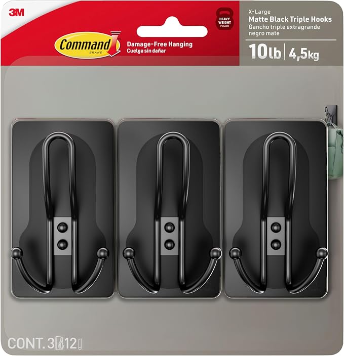 Command 10 lb X-Large Matte Black Triple Hooks, 3 Hooks and 12 Strips, by Unknown