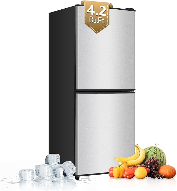 Small Fridge with Freezer 4.2 Cu.Ft., Mini Fridge and Freezer for Dorm with Adjustable Thermostat, Apartmet Size Refrigerator Compact Refrigerator for Kitchen, Dorm, Office, Silver
