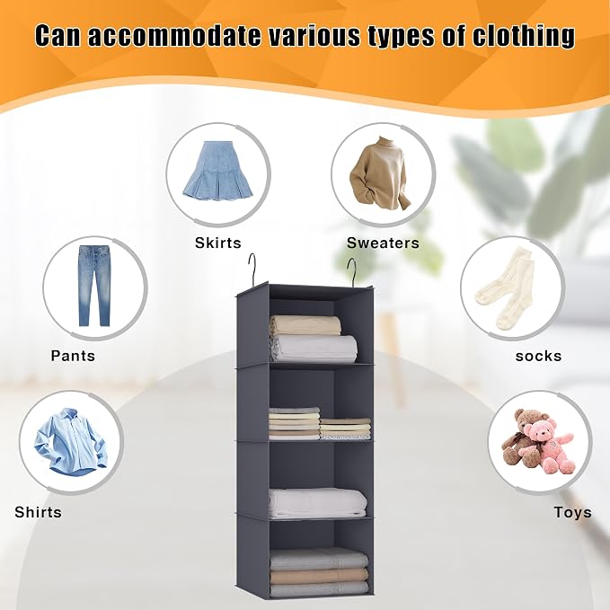 Hanging Closet Organizer 4-Shelf, Oxford Fabric Wardrobe Storage, Dark Grey | - Image 7