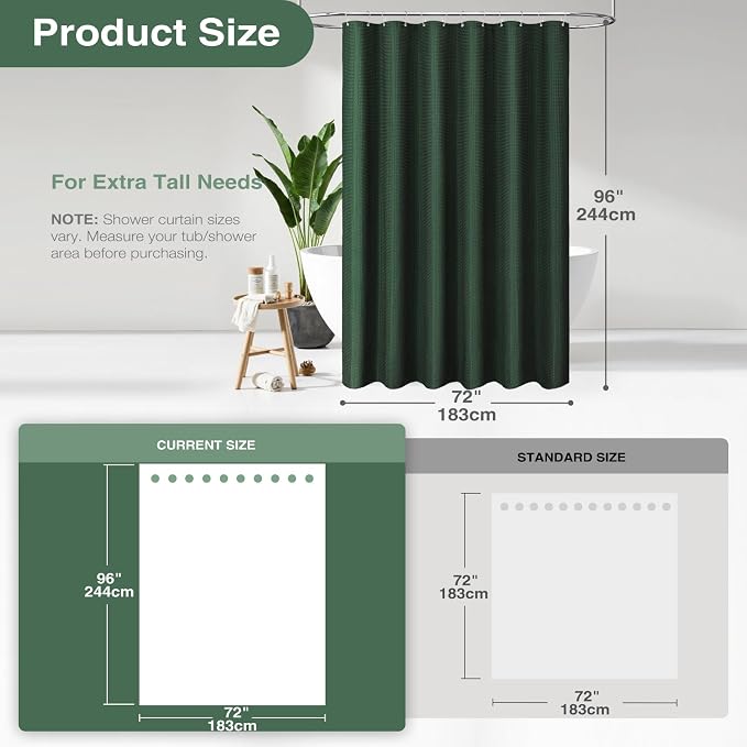 Dynamene Extra Long Waffle Shower Curtain 256 GSM Fabric 72x96 Dark Green - Image 2