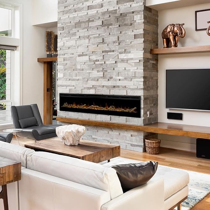 Dimplex IgniteXL 74 inch Built-in Linear Electric Fireplace with Driftwood and River Rock Accessories - Black, XLF74 & LF74DWS-KIT
