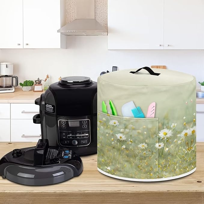 Insulated Pressure Cooker Appliance Cover, Also Fit for Rice Cooker, Air Fryer and Crock Pot, 6 Quart Dust Cover with Pocket for Kitchenware and Recipes, Washable, Daisy Floral Green