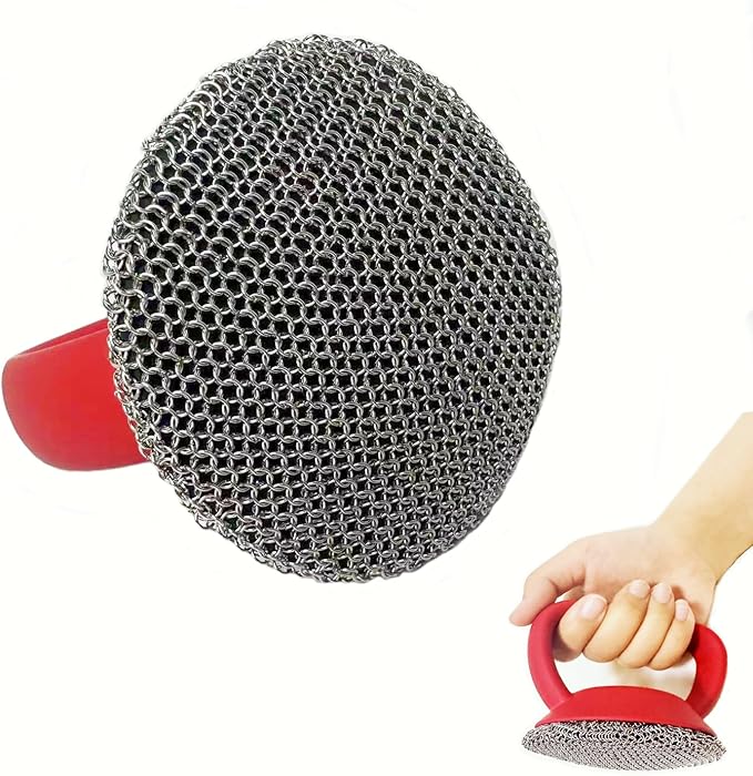 Cast Iron Scrubber, Iron Chainmail Scrubber Skillet Cleaner with Silicone Handle, Stainless Steel Chain Mail Scrubber for Cast Iron Skillets