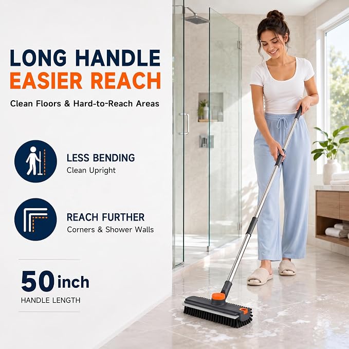 Floor Scrub Brush with Long Handle, 3-in-1 with Squeegee & Stiff Bristles | - Image 7