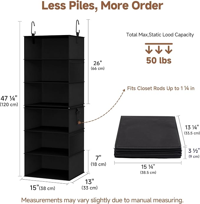 StorageWorks Hanging Closet Organizer 6-Shelf, Jumbo Separable Two 3 Shelf - Image 2