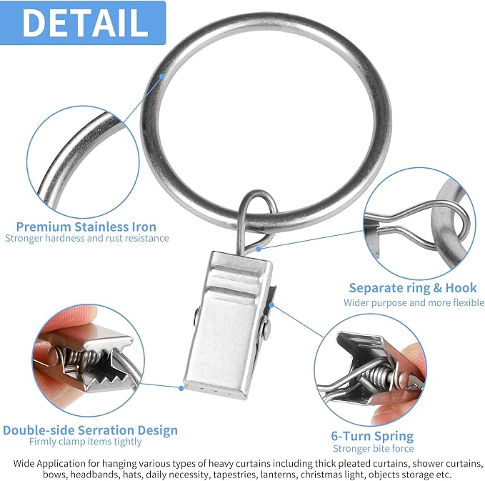 Curtain Rings with Clips, 42 Pack Metal Drapery Rings with Clips Hooks Hangers - Image 4